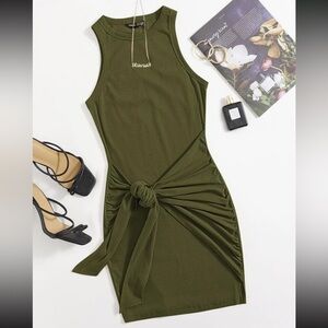 Prive Ruched Tie Front Solid Bodycon Dress Army Green